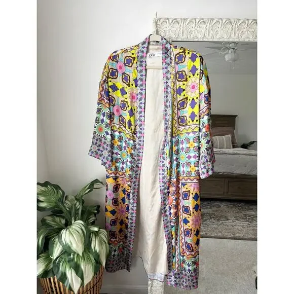 Zara Satin Effect Printed Belted Kimono Robe